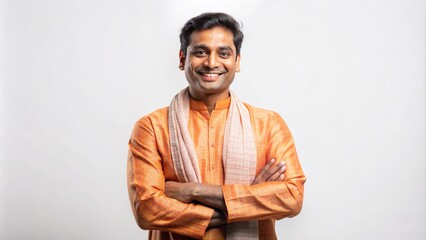 Warm and inviting image of a joyful hindu man beaming with happiness, dressed in casual attire, standing confidently against a pure white background.,hd 8k