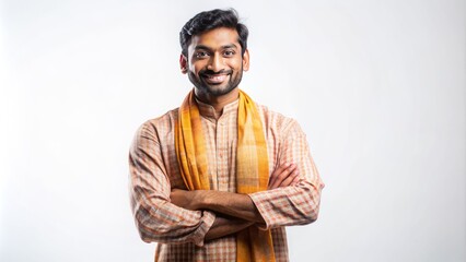 Warm and inviting image of a joyful hindu man beaming with happiness, dressed in casual attire, standing confidently against a pure white background.,hd 8k