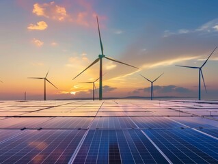 Modern Wind turbines and solar panels sunset light. Concept eco green renewable energy - ai