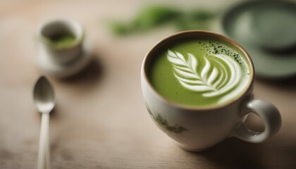 view of elegant photo Matcha latte in a cup
