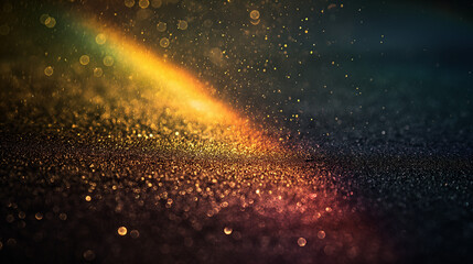 The luminous spectrum of the rainbow on black background, very small and blurry in center of frame, textured and grainy
