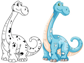 Two adorable dinosaurs, one colored, one outlined