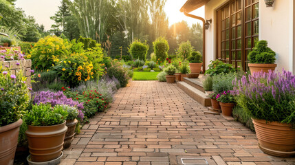 Tranquil Outdoor Patio Renovation with Lush Plants, Pavers, and Sunset Lighting