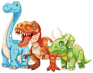 Three vibrant dinosaurs standing together