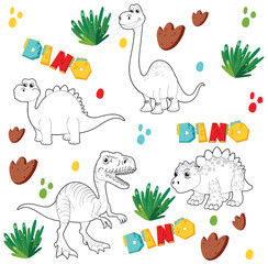 Dinosaurs, footprints, and plants in a playful design © blueringmedia