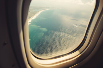 Fototapeta premium View of a seacoast from an airplane window, close-up photo