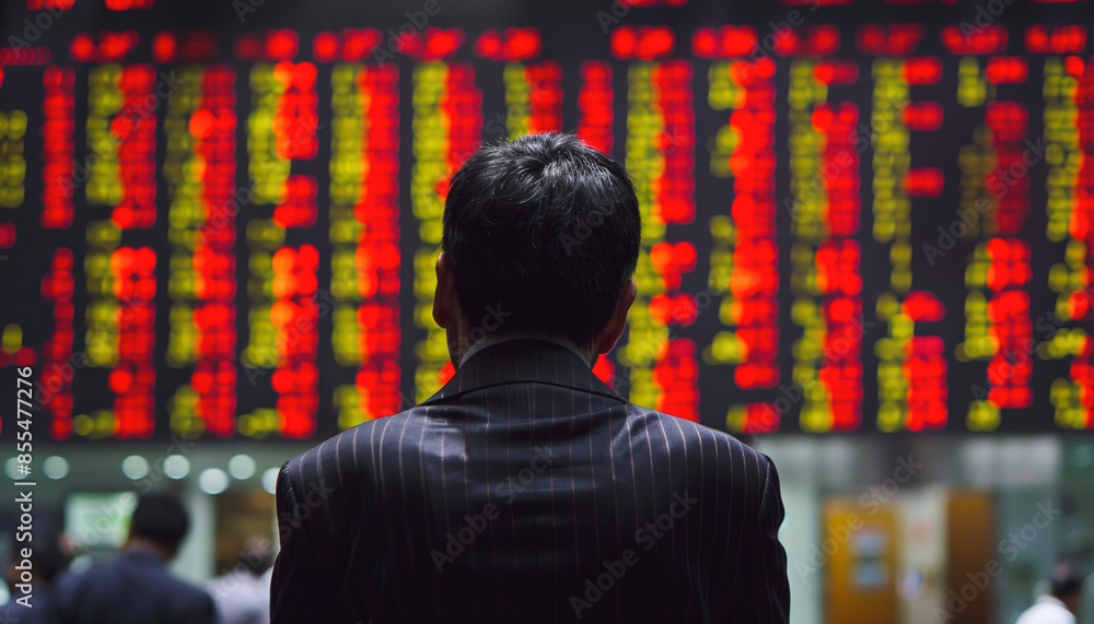 Canvas Prints a man observes a large electronic display filled with stock market data in red and yellow, likely mo