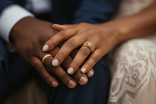 Close-up photo of hands of two just married people with wedding rings