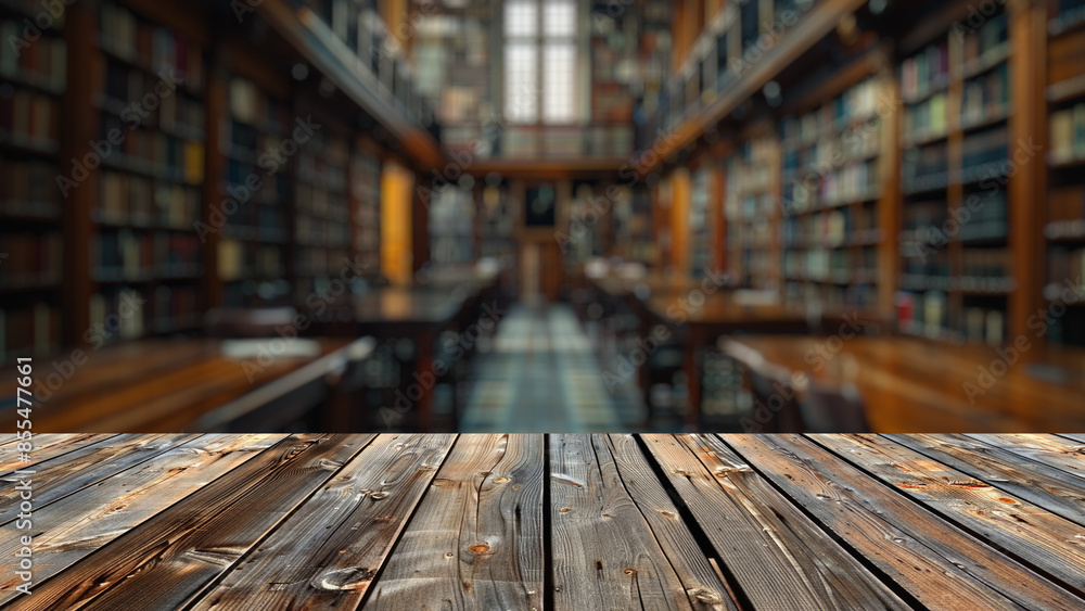 Poster empty wood table top with blur background of library at school or university. the table giving copy 