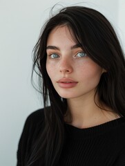 Fototapeta premium Stunning Portrait of a Young Woman: 20-Year-Old Model with Shiny Long Black Hair and Blue Eyes