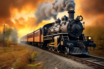 Fototapeta premium Vintage steam locomotive on the railway at sunset. 3d render