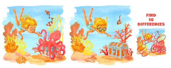 Find the differences. Educational game for children with cartoon child girl character diving in coral reef and meeting an octopus with a treasure chest. Puzzle Hidden Items. Funny illustration