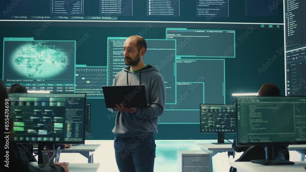 Poster governmental hackers breaching network security with advanced techniques, cyber defense in action. t
