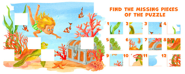 Find the missing pieces of the puzzle. Educational game for children with cartoon girl swimming with a sea turtle between corals finding a treasure chest. Choose correct element. Finish the picture