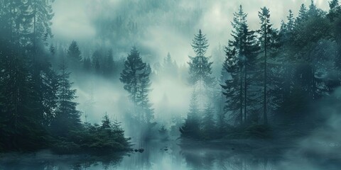 Mist forest landscape, featuring tall evergreen trees enveloped in a mystical fog