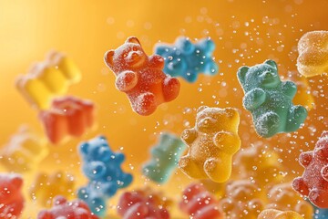 Colorful gummy bears coated with sugar falling on an orange background.