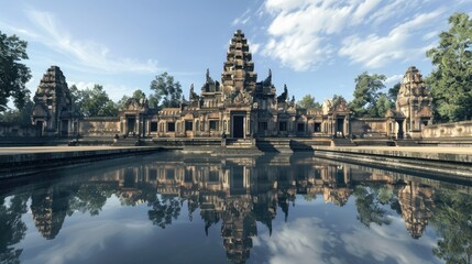 Obraz premium Ancient temple with intricate stone carvings, reflecting in a serene water body under a blue sky with scattered clouds.