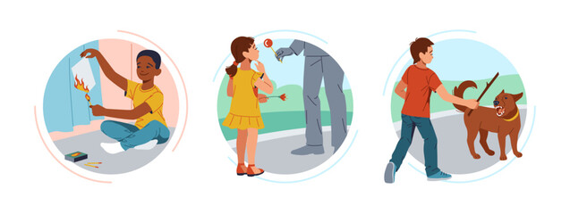 Dangers for little kids flat color vector icon set. Various risks awareness. Children safety round illustration pack on white background