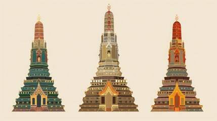 Fototapeta premium Illustration of three ornate temples with intricate details and vibrant colors, representing traditional Asian architecture and cultural heritage.
