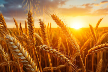 Wheat field. Ears of golden wheat close up. Rich harvest concept.