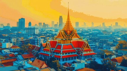 Stunning view of traditional Thai temple in the city center during sunset, featuring vibrant architecture and urban skyline.