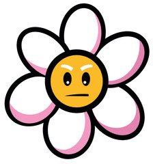 Daisy angry flower with cartoon funny face, chamomile character, mascots, cartoon vector illustration isolated on white background. Humanized, Daisy flower with angry face. Glamor vector Y2k, 00s. 