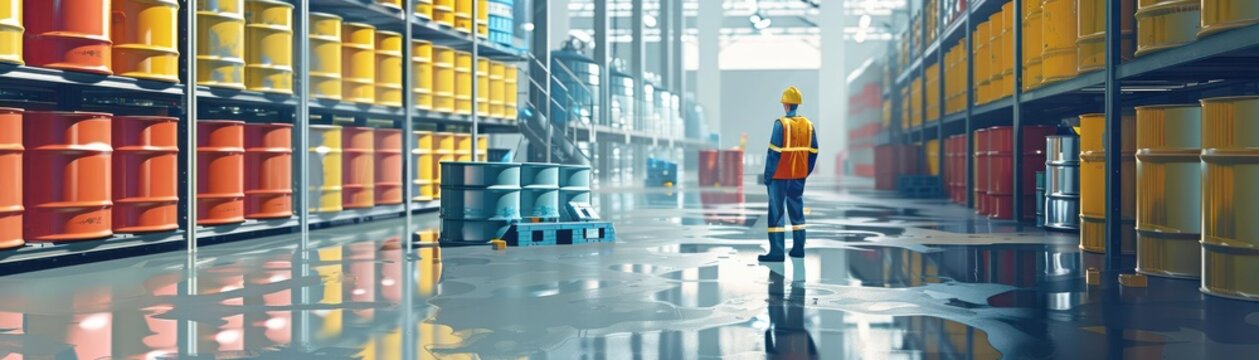 Chemical storage safety illustration, preventing disasters, proper handling of toxic and flammable materials, compliance procedures