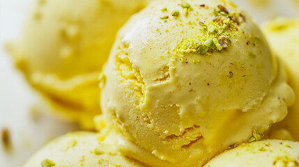 Elegant saffron pistachio gelato, a closeup image of elegant saffron pistachio gelato, its golden and green hues prominent against a white background