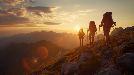 Fototapeta premium Group Hiking on Scenic Mountain Path at Sunset