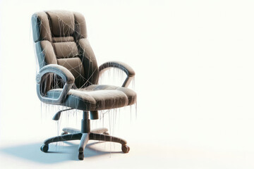 An office chair covered with cobwebs. Space for text.