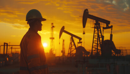 An oil rig worker silhouetted against the sunset with oil pumps operating in the background.