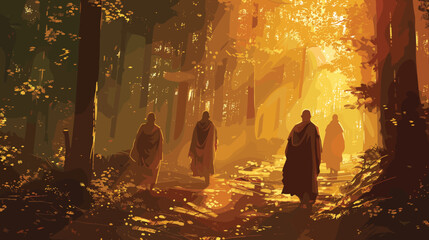 Scene of monks walking in the forest background, vector illustration, orange theme, religion concept