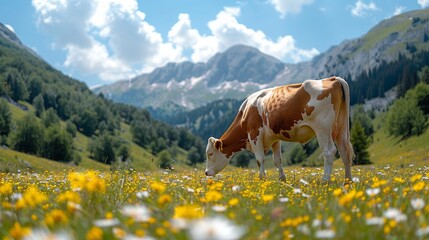 A cow grazing in a flower meadow in the mountains.