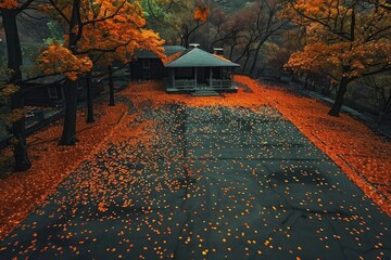 A serene autumn scene with vibrant orange leaves surrounding a cozy cabin in a forest setting, creating a captivating and tranquil landscape.