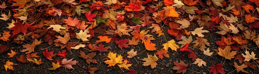 Fototapeta premium Vibrant autumn leaves in various shades of red, orange, and yellow create a colorful carpet on a forest floor, symbolizing the beauty of fall season.