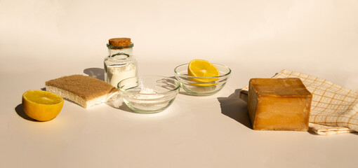 Eco - friendly cleaning, copy space, cleaning with sodium and lemon, natural soap, minimal