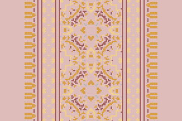 Traditional Floral pixel art seamless pattern. Vector Design for fabric, tile, embroidery, carpet, background, and wallpaper.