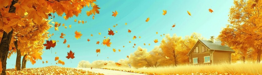 Obraz premium Scenic rural autumn landscape with falling leaves, a house, and blue sky. Embrace the season's beauty with vibrant foliage and crisp air.