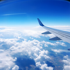 Obraz premium Airplane wing on blue sky and white clouds background. 3d render