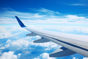 Airplane wing on blue sky and white clouds background. 3d render