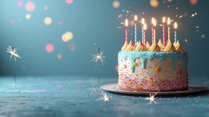 Birthday cake with bright candles and sparklers on a blue background, creating a festive mood.