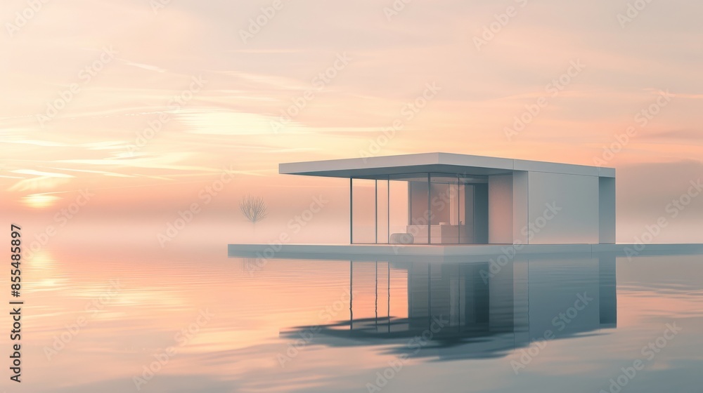 Wall mural Modern minimalist house on a calm lake at sunset, serene retreat concept