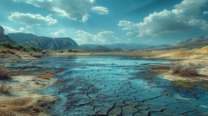 Naklejka premium Summer drying out of lakes and rivers: drought and its consequences