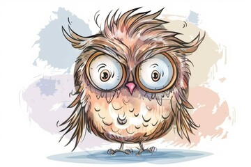 Naklejka premium Cartoon cute doodles of a startled owl with wide eyes and feathers ruffled, Generative AI