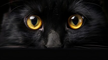 Close-Up of a Black Cat with Mesmerizing Yellow Eyes and a Pink Nose, Capturing the Intensity and Beauty of Feline Features