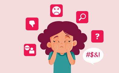 Unhappy Girl Dealing with Negative Comments Online Vector illustration. Child using social media too early feeling depressed and anxious 
