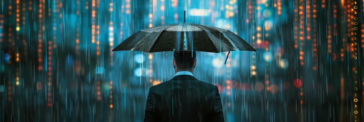 Business man holding umbrella and digital binary code data raining down, business technology, data privacy, cyber security concept