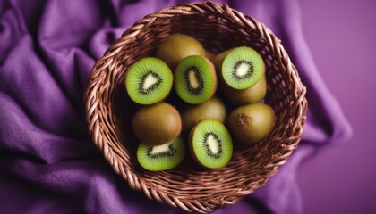 view of elegant Top view fresh delicious kiwi in basket with copy space on purple cloth