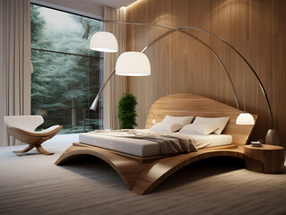 Interior of modern bedroom with wooden walls, wooden floor and comfortable king size bed
