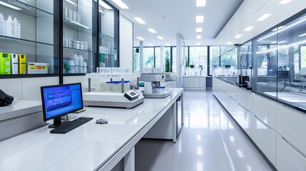 Clean rooms with automated filling and packaging of cosmetic products, lab technicians.
